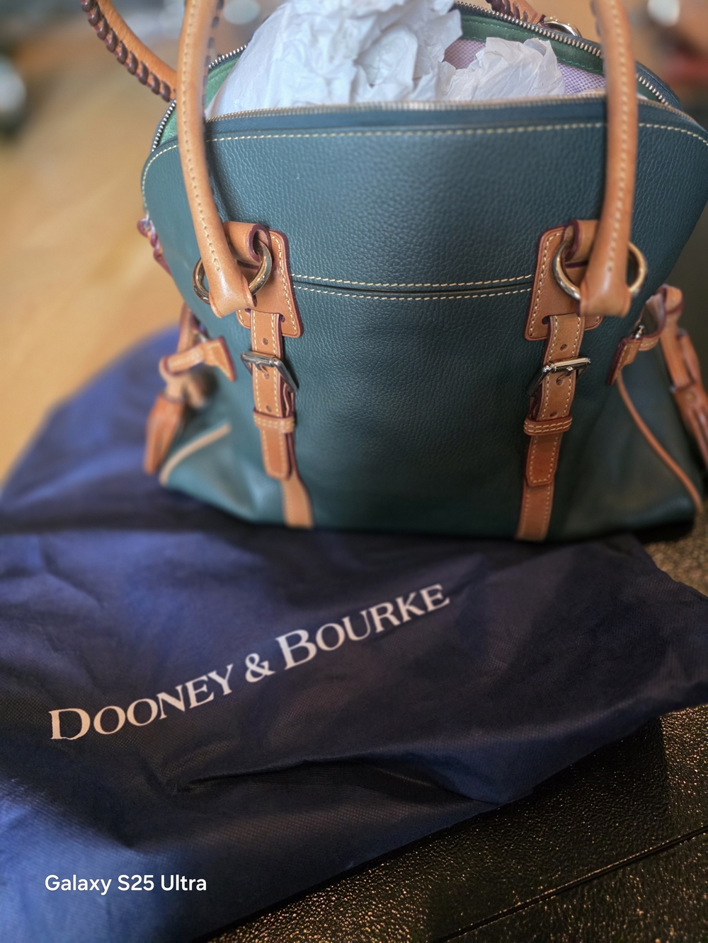 Dooney & Bourke Green Leather Satchel with Tan Trim